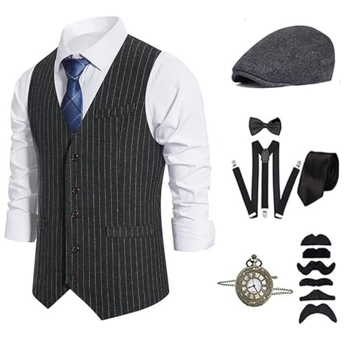 ZEPFJHE 1920er Herren Kostüm Roaring 20s Kostüme Zubehör Set Weste Taschenuhr Krawatte Hosenträger Halloween Cosplay Kostüm ZEPFJHE 1920er Herren Kostüm Roaring 20s Kostüme Zubehör Set Weste Taschenuhr Krawatte Hosenträger Halloween Cosplay Kostüm von ZEPFJHE