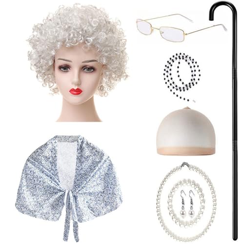 ZEPFJHE 9-teiliges Kinderkostüm für alte Dame, Halloween, Oma-Outfit mit Schal, Brille, Halskette, Ohrringen, Spazierengehen, kranke Kinder, Oma-Kostüm ZEPFJHE 9-teiliges Kinderkostüm für alte Dame, Halloween, Oma-Outfit mit Schal, Brille, Halskette, Ohrringen, Spazierengehen, kranke Kinder, Oma-Kostüm von ZEPFJHE