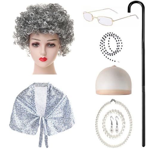 ZEPFJHE 9-teiliges Kinderkostüm für alte Dame, Halloween, Oma-Outfit mit Schal, Brille, Halskette, Ohrringen, Spazierengehen, kranke Kinder, Oma-Kostüm ZEPFJHE 9-teiliges Kinderkostüm für alte Dame, Halloween, Oma-Outfit mit Schal, Brille, Halskette, Ohrringen, Spazierengehen, kranke Kinder, Oma-Kostüm von ZEPFJHE