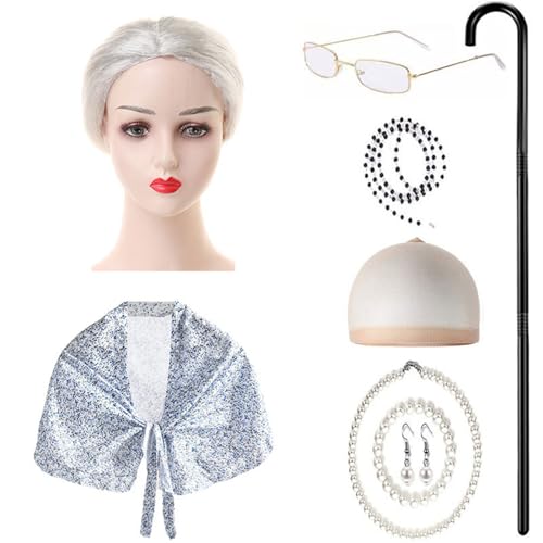 ZEPFJHE 9-teiliges Kinderkostüm für alte Dame, Halloween, Oma-Outfit mit Schal, Brille, Halskette, Ohrringen, Spazierengehen, kranke Kinder, Oma-Kostüm ZEPFJHE 9-teiliges Kinderkostüm für alte Dame, Halloween, Oma-Outfit mit Schal, Brille, Halskette, Ohrringen, Spazierengehen, kranke Kinder, Oma-Kostüm von ZEPFJHE