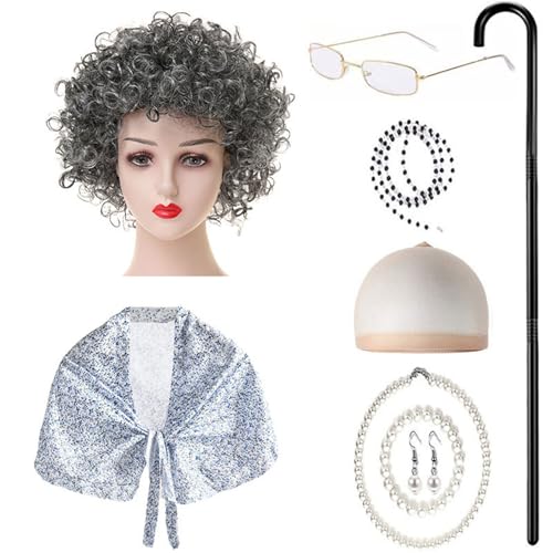 ZEPFJHE 9-teiliges Kinderkostüm für alte Dame, Halloween, Oma-Outfit mit Schal, Brille, Halskette, Ohrringen, Spazierengehen, kranke Kinder, Oma-Kostüm ZEPFJHE 9-teiliges Kinderkostüm für alte Dame, Halloween, Oma-Outfit mit Schal, Brille, Halskette, Ohrringen, Spazierengehen, kranke Kinder, Oma-Kostüm von ZEPFJHE