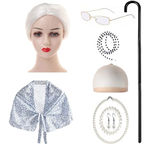 ZEPFJHE 9-teiliges Kinderkostüm für alte Dame, Halloween, Oma-Outfit mit Schal, Brille, Halskette, Ohrringen, Spazierengehen, kranke Kinder, Oma-Kostüm ZEPFJHE 9-teiliges Kinderkostüm für alte Dame, Halloween, Oma-Outfit mit Schal, Brille, Halskette, Ohrringen, Spazierengehen, kranke Kinder, Oma-Kostüm von ZEPFJHE