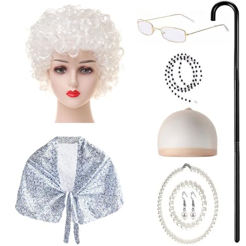 ZEPFJHE 9-teiliges Kinderkostüm für alte Dame, Halloween, Oma-Outfit mit Schal, Brille, Halskette, Ohrringen, Spazierengehen, kranke Kinder, Oma-Kostüm ZEPFJHE 9-teiliges Kinderkostüm für alte Dame, Halloween, Oma-Outfit mit Schal, Brille, Halskette, Ohrringen, Spazierengehen, kranke Kinder, Oma-Kostüm von ZEPFJHE