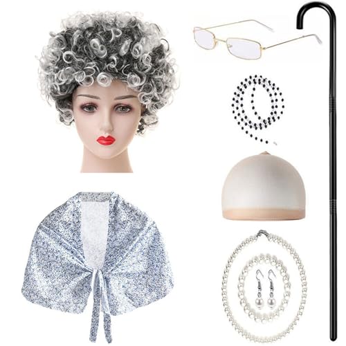 ZEPFJHE 9-teiliges Kinderkostüm für alte Dame, Halloween, Oma-Outfit mit Schal, Brille, Halskette, Ohrringen, Spazierengehen, kranke Kinder, Oma-Kostüm ZEPFJHE 9-teiliges Kinderkostüm für alte Dame, Halloween, Oma-Outfit mit Schal, Brille, Halskette, Ohrringen, Spazierengehen, kranke Kinder, Oma-Kostüm von ZEPFJHE