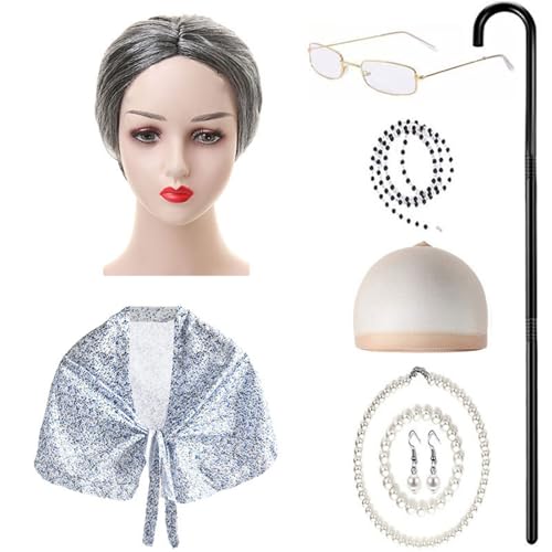ZEPFJHE 9-teiliges Kinderkostüm für alte Dame, Halloween, Oma-Outfit mit Schal, Brille, Halskette, Ohrringen, Spazierengehen, kranke Kinder, Oma-Kostüm ZEPFJHE 9-teiliges Kinderkostüm für alte Dame, Halloween, Oma-Outfit mit Schal, Brille, Halskette, Ohrringen, Spazierengehen, kranke Kinder, Oma-Kostüm von ZEPFJHE