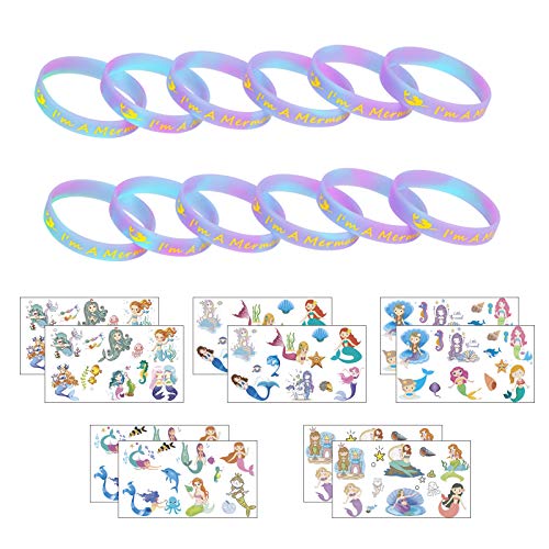 ZERHOK 12Stk Meerjungfrau Leuchten Armbänder mit 10tlg Mermaid Tattoos mitgebsel Silikonarmband für Mädchen Kinder Geburtstag Geschenke Meerjungfrau Party von ZERHOK