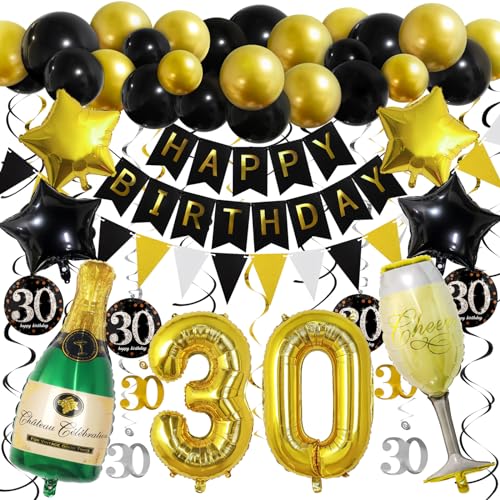 ZERODECO 30. Geburtstag Dekoration, Schwarz Gold Happy Birthday Banner 30. Nummer Goldfolien-Ballone Champagnerflaschen sternförmige Folienballon Hängende Strudel Dreieckige Wimpel Party Zubehör Set von ZERODECO