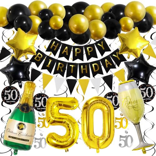 ZERODECO 50. Geburtstag Dekoration, Schwarz Gold Happy Birthday Banner 50. Nummer Goldfolien-Ballone Champagnerflaschen sternförmige Folienballon Hängende Strudel Dreieckige Wimpel Party Zubehör Set von ZERODECO