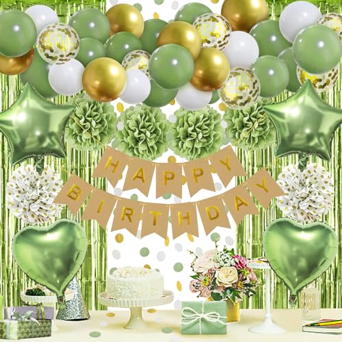 ZERODECO Geburtstagsdeko Grün, Pompons Happy Birthday Banner Glitzer Vorhang Luftballons Retrogrün Gold Avocado Grüne Kindergeburtstag für Mädchen Junge Mann Frauen Geburtstags Party Deko von ZERODECO