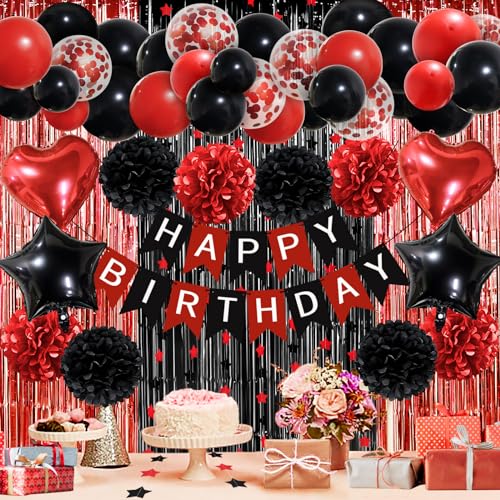 ZERODECO Geburtstagsdeko Rot Schwarz, Happy Birthday Girlande Pompons Fransen Vorhang Luftballons Geburtstagsdeko Mädchen Geburtstagsdeko Frauen Damen Kindergeburtstag Deko Geburtstag Party Zubehör von ZERODECO