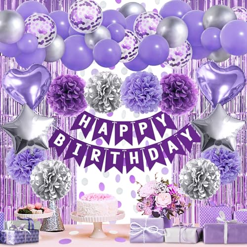 ZERODECO Lila Silber Geburtstagsdeko, Happy Birthday Girlande Violett Pompons Vorhang Luftballons Geburtstagsdeko Mädchen Geburtstagsdeko Frauen Damen Kindergeburtstag Deko Geburtstag Party Zubehör von ZERODECO