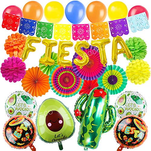 ZERODECO Mexikanische Party Dekoration, Mehrfarbig Papier Pompom Mexiko Banner Aufhängen Fächer Golden FIESTA Luftballons Kaktus Avocado Luftballons Geburtstag Jahrestag Mexiko Party Supplies von ZERODECO