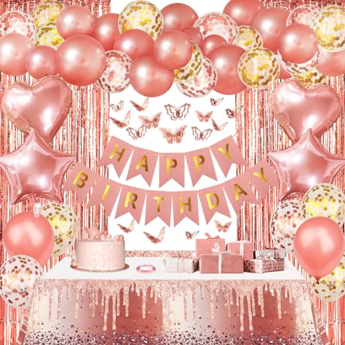 ZERODECO Roségold Geburtstag Party Dekorationen, Geschirr Happy Birthday Banner Fringe Vorhang Herz Stern Folie Konfetti Ballons Schmetterling Aufkleber für Frauen Mädchen Geburtstag Prinzessin Party von ZERODECO