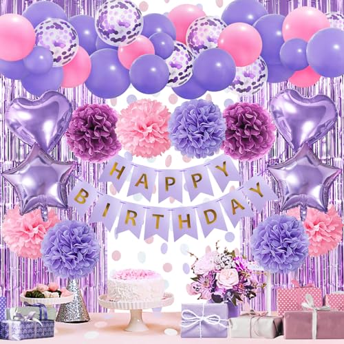 ZERODECO Lila Geburtstagsdeko, Happy Birthday Girlande Violett Rosa Pompons Vorhang Luftballons Geburtstagsdeko Mädchen Geburtstagsdeko Frauen Damen Kindergeburtstag Deko Geburtstag Party Zubehör von ZERODECO