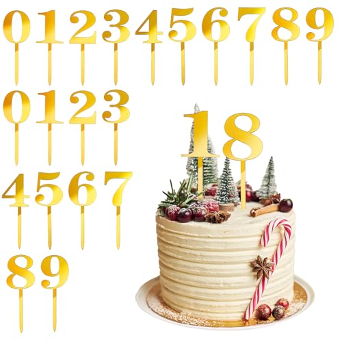 ZEYIYER 20 Stück Cake Topper Zahlen Acryl 0-9 Gold Numbers Kuchen Dekoration, Geburtstag Tortendeko Kuchenstecker Cupcake für Hochzeit Party Jubiläum Feier, Cake Topper Numbers von ZEYIYER