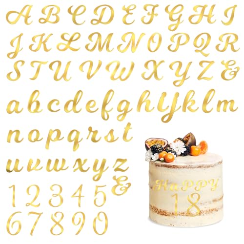 64 Stück Buchstaben Tortendeko, Buchstaben für Torte Geburtstag Acryl Zahlen 0-9, A-Z Groß Kleinbuchstaben, Goldne Acryl Kuchen Deko, Spiegelbuchstaben Gold Deko für Geburtstag Hochzeit von ZEYIYER