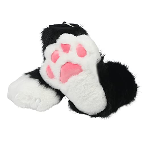 ZFKJERS Cosplay Tierkatze Kunststoffkrallen für Fursuit Füße Pfotenschuhe Pelzige Pfotenpantoffeln Erwachsene Kostüm Zubehör Set (Schwarz-Weiß) von ZFKJERS