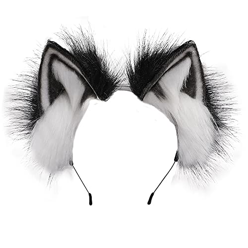 ZFKJERS Handgefertigtes Fell Fuchs Katzenohren Stirnband Fursuit Kopfbedeckung Cosplay Kostüm Party Zubehör (Schwarz-Weiss) von ZFKJERS