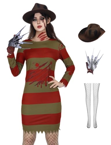 Freddy-Kostüm für Erwachsene, grün-rot gestreiftes Kleid, Halloween-Kostüm, gruseliger Killer, Cosplay, Outfit mit Krallenhandschuh, Netzsocken, Hut ZF033S von ZFQI