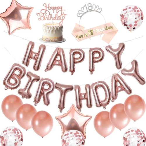 Roségold 18.Geburtstag Mädchen Deko Schärpe und Tiara, 18 Geschenke Krone & Schärpe für Frauen alles Gute zum Geburtstag Mit Rosegold Happy Birthday Foil Ballon Luftballons Konfetti Ballons (A) von ZGCXRTO