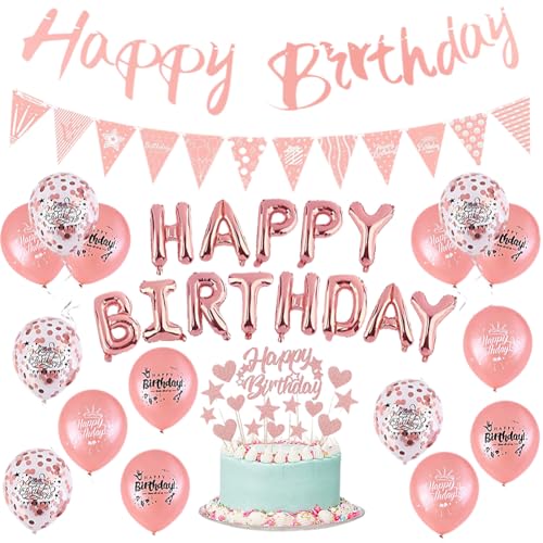 ZGCXRTO 39 Stück Roségold Geburtstagsparty Deko,Luftballons Konfetti Rosegold Happy Birthday Banner Glitzernde Stern Herzform Cupcake-Dekoration Rosé Gold Geburtstagsparty Luftballons Deko Für Mädchen von ZGCXRTO