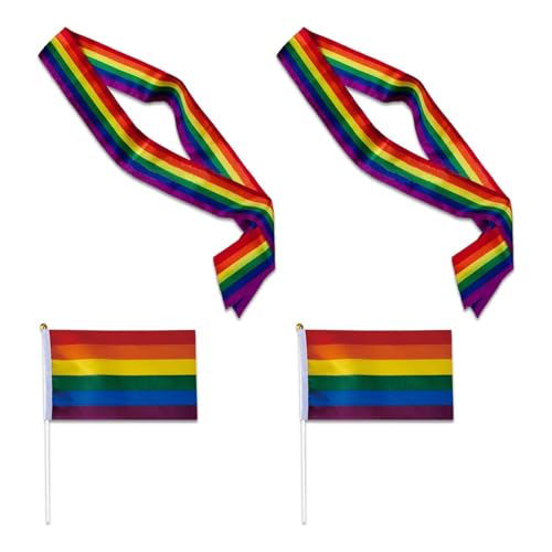 2 Stück Regenbogen-Luftschlangen, 2 Stück Regenbogen-Wellenflaggen, Regenbogen-Zeremonienbänder, Regenbogen-Gürtel, Regenbogen-Partybänder, Pride-Dekorationen, Lustige Neuheitsbänder von ZGDEIWGF