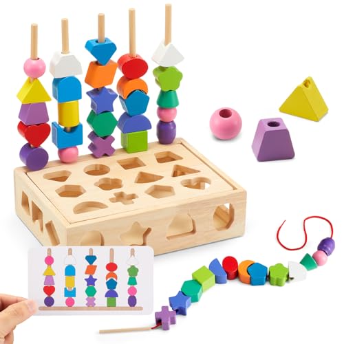 Montessori Spielzeug ab 3 4 5 Jahre Motorikspielzeug Fädelspiel Bausteine Sortierspiel für Kinder, Holz StapelspielFeinmotorik Lernspiele Geschenk für Baby Junge Mädchen （Formaufbewahrungsbehälter） von ZGIMI