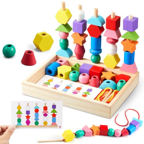 ZGIMI Montessori Spielzeug ab 3 4 5 Jahre Motorikspielzeug Fädelspiel Bausteine Sortierspiel für Kinder, Holz StapelspielFeinmotorik Lernspiele Geschenk für Baby Junge Mädchen （Mit Aufbewahrungsbox） von ZGIMI