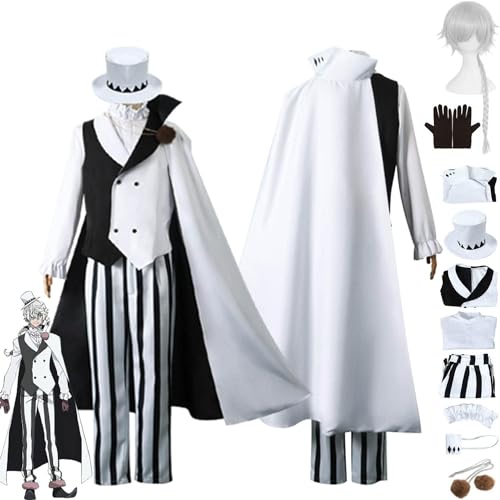 ZHAOSJ Anime Bungou Stray Dogs Staffel 4 Nikolai Gogol Cosplay Kostüm Outfit Weiße Uniform Umhang Hut Perücke Augenmaske Komplettset Halloween Dress Up Anzug von ZHAOSJ