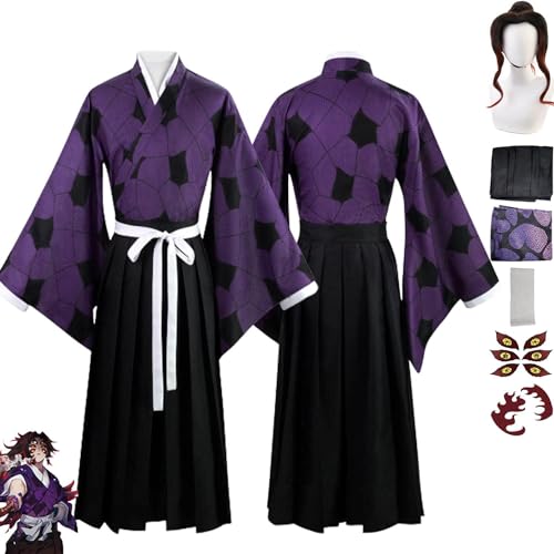 ZHAOSJ Anime Charakter Kokushibou Cosplay Kostüm Outfit Dämon Slayer Kimono Perücke Tattoo Aufkleber Komplettes Set Halloween Karneval Anzug für Männer Jungen von ZHAOSJ