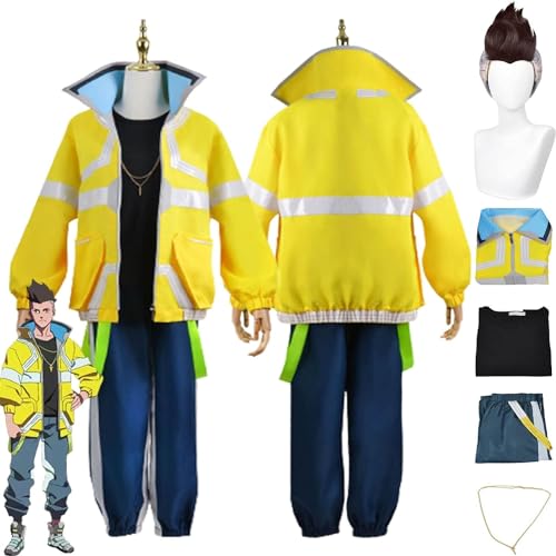 ZHAOSJ Anime Cyberpunk Edgerunner David Martinez Cosplay Kostüm Outfit Jacke Punk Mantel Uniform Komplettes Set Halloween Party Dress Up Anzug Mit Perücke Halskette von ZHAOSJ