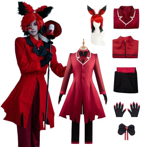 ZHAOSJ Anime Hazbin Hotel Alastor Cosplay Kostüm Perücke für Männer Charakter Rote Jacke Uniform Erwachsene Komplettes Set Anziehanzug Umhang Outfits Halloween Karneval Sachen Partygeschenke von ZHAOSJ