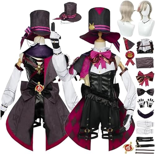 ZHAOSJ Genshin Impact Lyney Cosplay Kostüm mit Hut Perücke für Damen und Mädchen, Outfit Spielcharakter Uniform Overall Komplettset Halloween Party Karneval Dress Up Anzug von ZHAOSJ