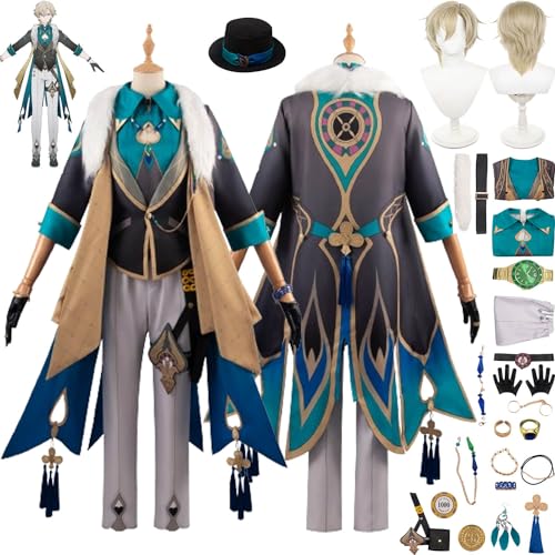 ZHAOSJ Honkai Star Rail Aventurin Cosplay Kostüm Outfit Spielcharakter Uniform Komplettes Set Halloween Dress Up Anzug mit Hut Perücke Ohrringe Ring Uhr Armband für Männer Jungen von ZHAOSJ