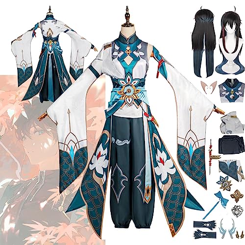 ZHAOSJ Premium Honkai Star Rail Danheng Cosplay-Kostüm-Outfit, Spielcharakter-Uniform, komplettes Set, Halloween-Party, Karneval, Anziehanzug mit Ohrringen, Kopfschmuck, Perückenringen von ZHAOSJ