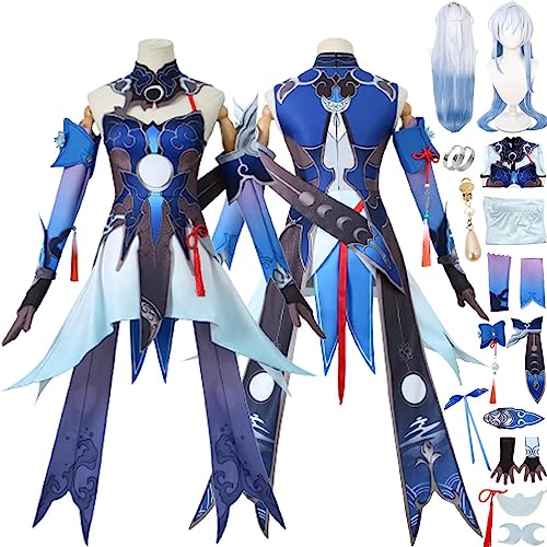 ZHAOSJ Premium Honkai Star Rail Jingliu Cosplay-Kostüm-Outfit, Spielcharakter-Uniform, komplettes Set, Halloween-Party, Karneval, Anziehanzug mit Ohrringen, Kopfschmuck, Perückenringen von ZHAOSJ