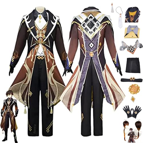 ZHAOSJ Spiel Genshin Impact Cosplay Kostüm, Zhongli Cosplay Outfits Anzug Robe Kleid Genshin Thema Zhongli Halloween Komplettset Dienstmädchenkleid Kimono Umhang mit Zubehör von ZHAOSJ