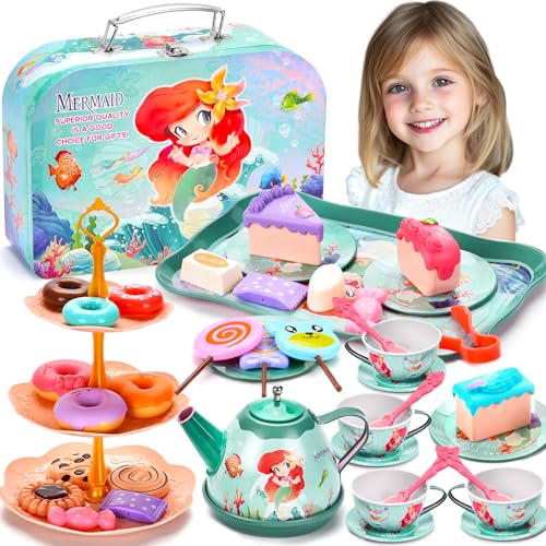 ZHHGOO 48 Pcs Teeservice Kinder,Meerjungfrau Spielzeug Tragekoffer,Tee Set Teeservice mit Dessert,Tea Party Set Kids,Teeservice Kinderküche für Kinder Mädchen 3 4 5 6 7 8 Jahren von ZHHGOO