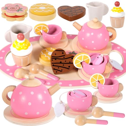 ZHHGOO Teeservice Kinder,Tee Set Holzspielzeug,Teeservice mit Dessert,Tea Party Set Kids Rollenspiele,Küchenspiele Holz,Teeservice Kinderküche für Mädchen 3 4 5 6 7 8 Jahren,Rosa von ZHHGOO