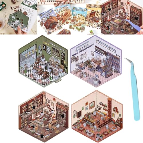 4 Sets DIY 3D House Stickers, DIY Stickers Scene Make Your Own Supermarket|Coffee Shop|Restaurant|Bookstore, Fun Cute Korean Cartoon Scene Stickers for Adult Kids Relief Stress Pass The Time (A) von ZHKVAG