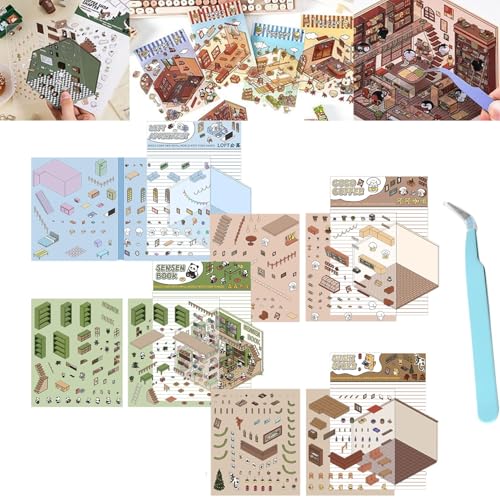 4 Sets DIY 3D House Stickers, DIY Stickers Scene Make Your Own Supermarket|Coffee Shop|Restaurant|Bookstore, Fun Cute Korean Cartoon Scene Stickers for Adult Kids Relief Stress Pass The Time (B) von ZHKVAG