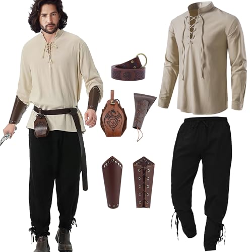 ZHODADA Mittelalter Kleidung Herren Set Mittelalterliche Kleidung Kostüm für Herren, Renaissance-Kostüme mit Piratenhemd, Viking Kostüm mit Knöchelriemen, Gürtel, Handgelenkschützer (Beige, 2XL) von ZHODADA