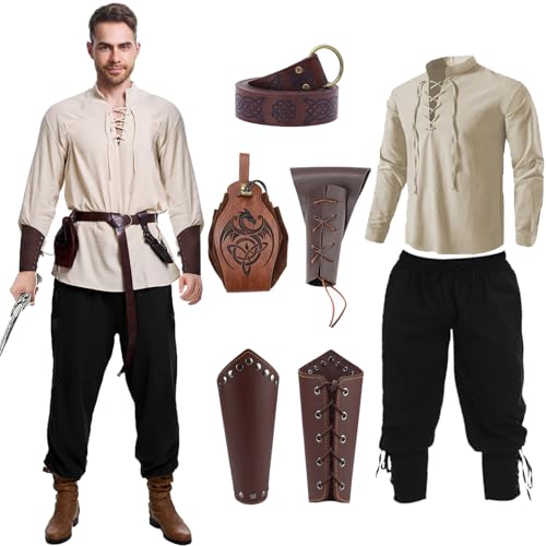 ZHODADA Mittelalterliches Bekleidungsset für Herren, Renaissance-Kostüm mit Piratenhemd, Hose und Zubehör, Vintage-Kostüm Viking Mittelalter-Kostüm für Party, Cosplay (Beige-L) von ZHODADA