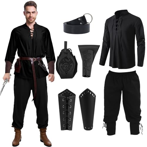 ZHODADA Mittelalterliches Bekleidungsset für Herren, Renaissance-Kostüm mit Piratenhemd, Hose und Zubehör, Vintage-Kostüm Viking Mittelalter-Kostüm für Party, Cosplay (schwarz-L) von ZHODADA