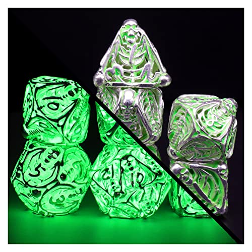 DND Würfel Polyedrische Rollenspiel Würfelset Fluoreszierende Skelette Würfel, Spielwürfel Dungeons & Dragons Würfel, ZHOORQI 7 Stück/Set Metallwürfel MTG Pathfinder D&D Geschenke(Skull-Glowing Green) von ZHOORQI