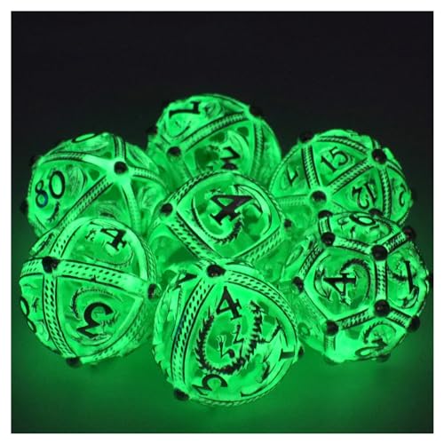 DND Würfelset, Einzigartiges Rundes Hohles Kugel Design für Besseres Rollen, ZHOORQI Drachen Polyedrische Würfel Set für Rollenspiele D&D Dungeons und Dragons Würfel Set Geschenke(Rund-Glow Green) von ZHOORQI