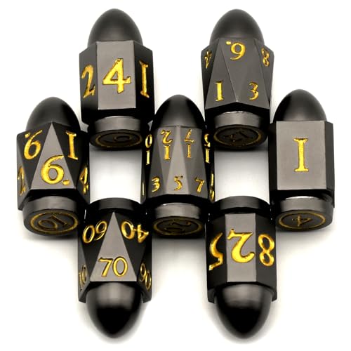 Bullet Würfelset Metall, DND Dice Set 7 Stück, ZHOORQI Dungeons and Dragons Würfel, Polyedrische Würfel Set D&D für Rollenspiele, Pathfinder, The Gun Dice Set for Table Games（7Bullet-Black Gold） von ZHOORQI