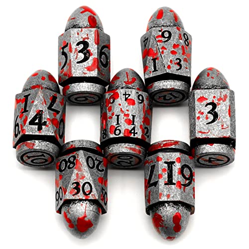 Bullet Würfelset Metall, DND Dice Set 7 Stück, ZHOORQI Dungeons and Dragons Würfel, Polyedrische Würfel Set D&D für Rollenspiele, Pathfinder, The Gun Dice Set for Table Games（7Bullet-Blood Silver） von ZHOORQI