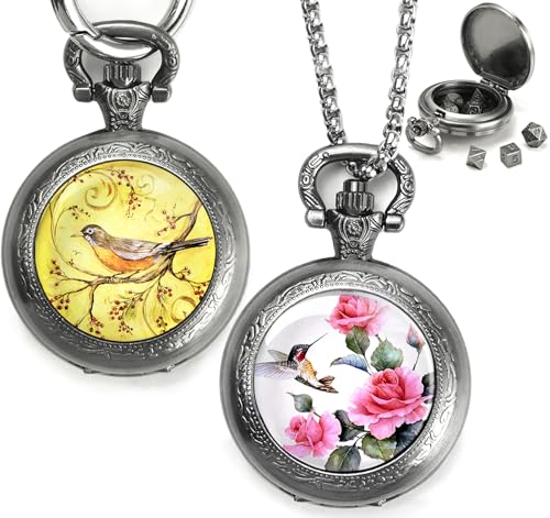 Mini DND Würfel Set mit Taschenuhr 2Pack, Polyedrische Metall Würfelset für Dungeons & Dragons/D&D, Kleine Würfel Tragbare Halskette Schlüsselanhänger für Männer Frauen RPG Geschenke(Flower & Bird-D) von ZHOORQI