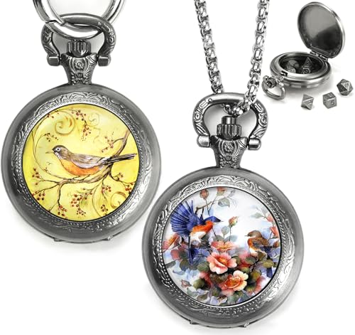 Mini DND Würfel Set mit Taschenuhr 2Pack, Polyedrische Metall Würfelset für Dungeons & Dragons/D&D, Kleine Würfel Tragbare Halskette Schlüsselanhänger für Männer Frauen RPG Geschenke(Flower & Bird-A) von ZHOORQI